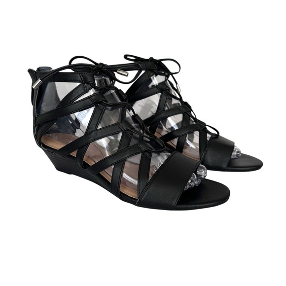 Franco Sarto Black Open Toe Lace Up Strappy Design Wedge Sandals Womens Size 8 - Picture 1 of 12